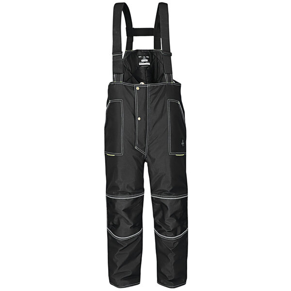 A black RefrigiWear ErgoForce bib overall with suspenders.