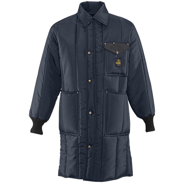 A navy RefrigiWear Iron-Tuff jacket for men with two pockets.