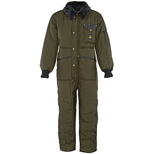 RefrigiWear Iron-Tuff Short Sage coveralls with a hood and black buttons.