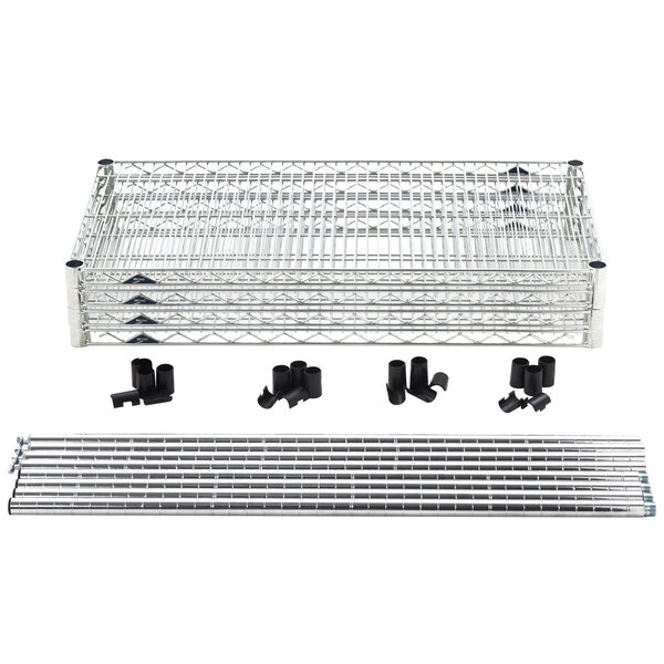 A Metro Super Erecta chrome wire shelf with black plastic parts in a box.
