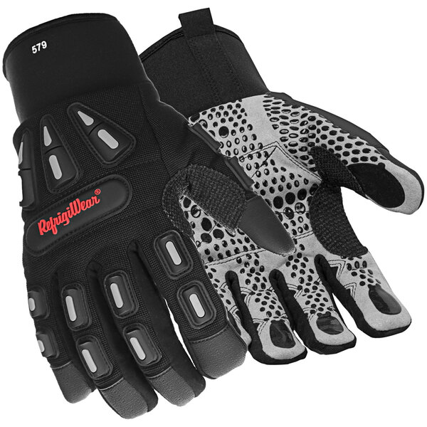 A pair of black RefrigiWear insulated gloves with gray accents on a white background.