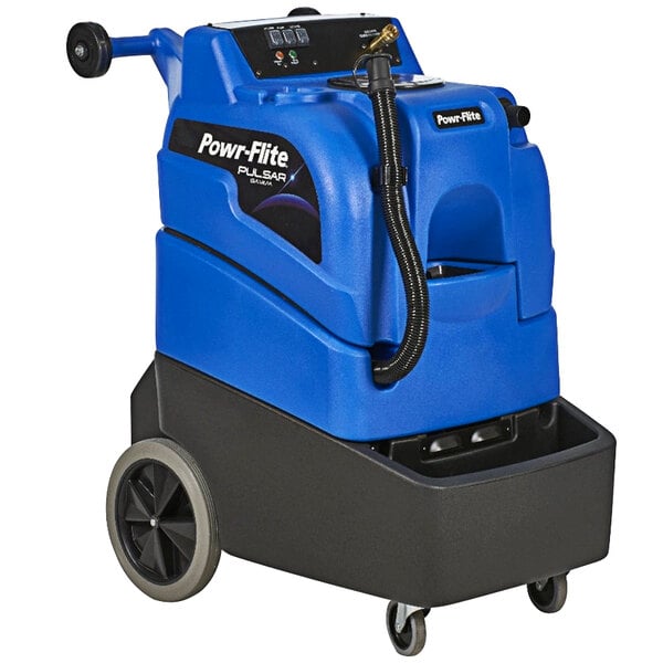 A blue and black Powr-Flite carpet extractor with a hose.