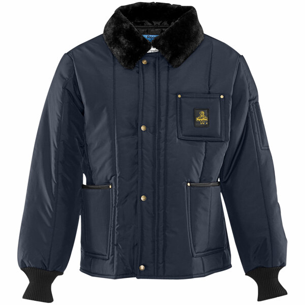 A navy RefrigiWear Iron-Tuff jacket with fur trim on the collar.