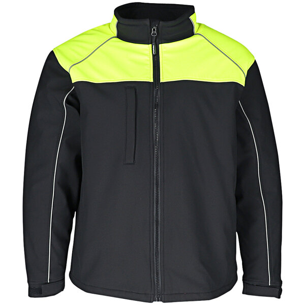 A black and lime soft shell jacket with reflective detailing.