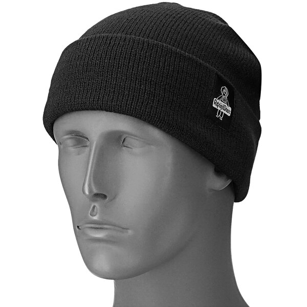 A navy knit hat on a mannequin head.