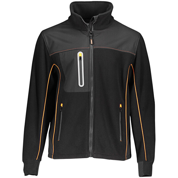 A black RefrigiWear PolarForce hybrid fleece jacket with orange stripes and a zipper.