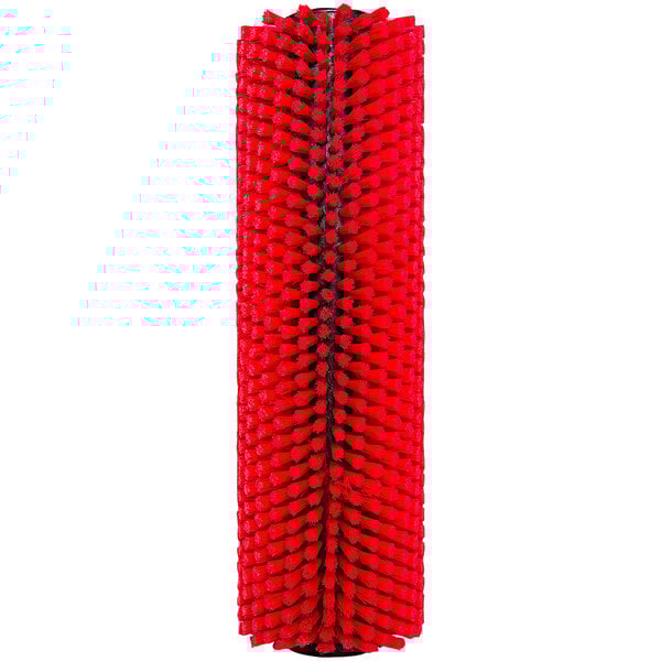 A close up of a red Tornado cylindrical carpet brush with black and green bristles.