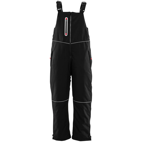 A black RefrigiWear insulated softshell bib overall with black straps.