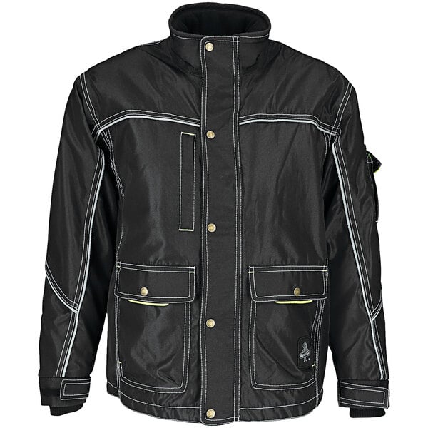 A black RefrigiWear ErgoForce insulated jacket with white stitching and yellow trims.