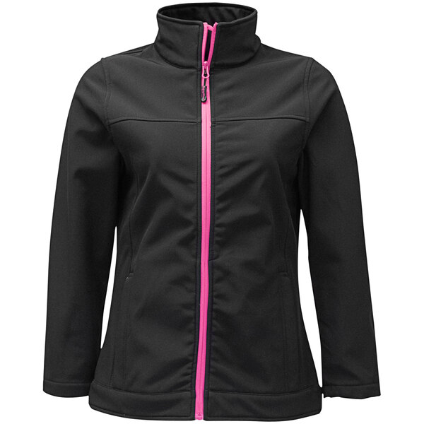 A black RefrigiWear women's softshell jacket with pink zippers.