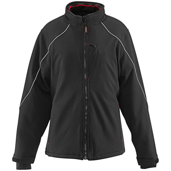 A black RefrigiWear insulated softshell jacket with a white zipper and red piping.