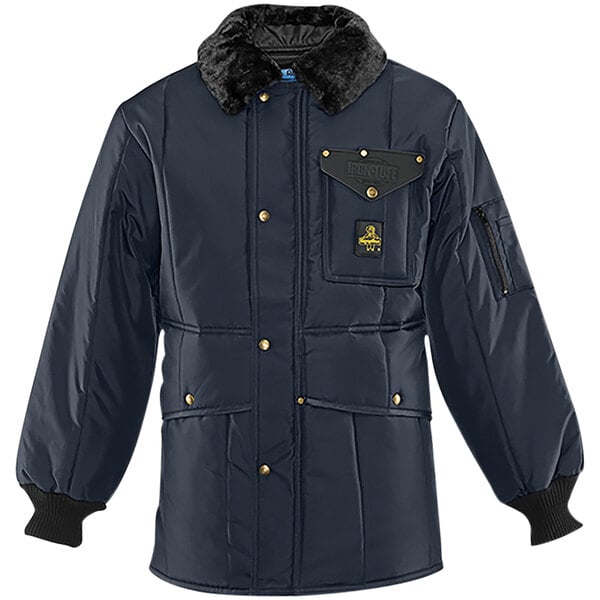 A navy RefrigiWear Iron-Tuff jacket with a fur collar and hood.