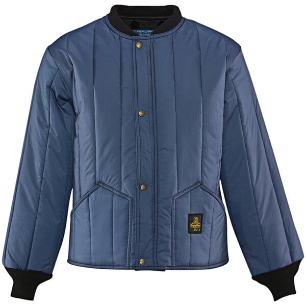 A navy blue RefrigiWear Cooler Wear industrial work jacket with black trim and a zipper.