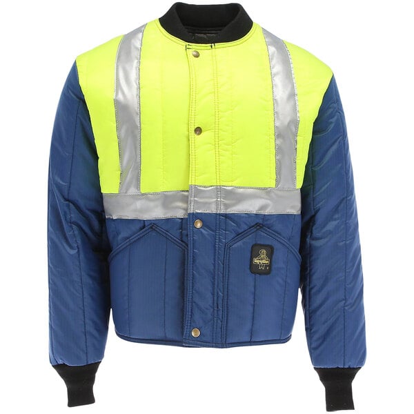 A blue and yellow RefrigiWear HiVis jacket with reflective stripes.