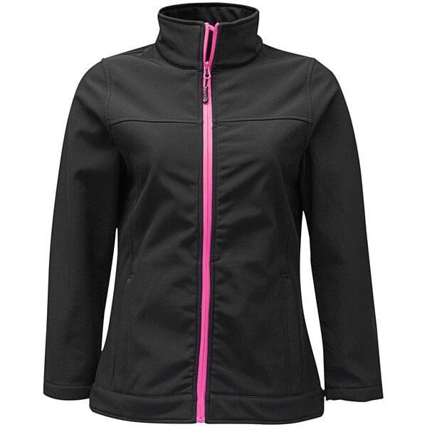 A black RefrigiWear softshell jacket with pink zippers.