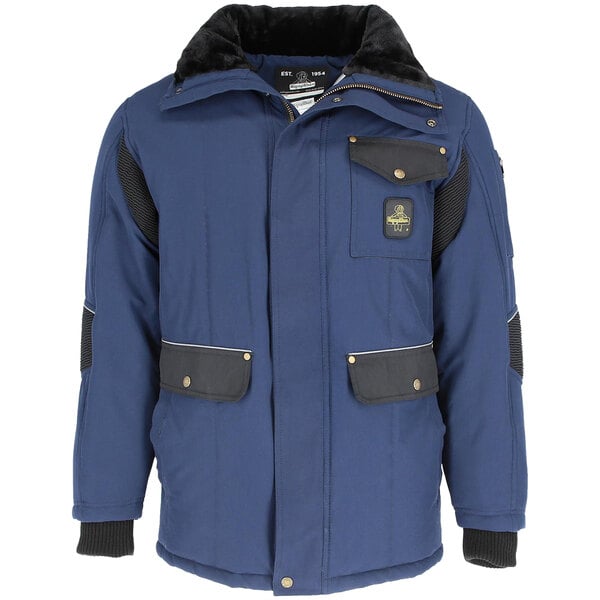 A blue RefrigiWear jacket with black trim.