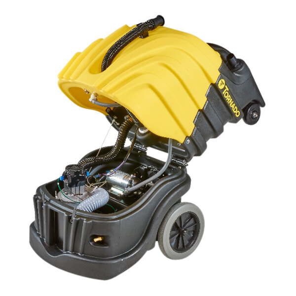 A Tornado Surge 10 carpet extractor with a yellow cover and black wheels.