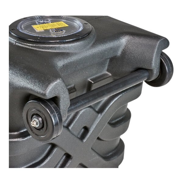 A black plastic container with a yellow handle and wheels.