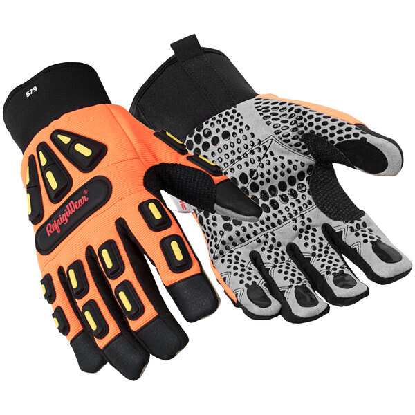 A pair of RefrigiWear insulated gloves with black and orange accents.
