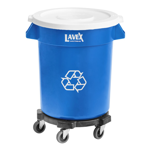 A blue and white Lavex recycling can with wheels.