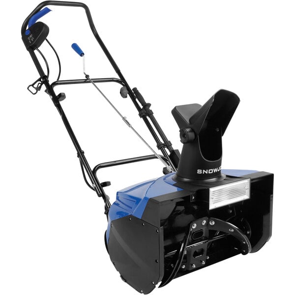 A blue and black Snow Joe snow blower.