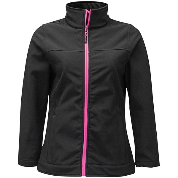 A black RefrigiWear softshell jacket with pink trim and zippers.