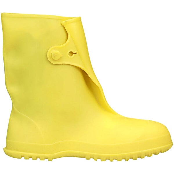 A pair of yellow Tingley rubber work boot overshoes with a buckle.