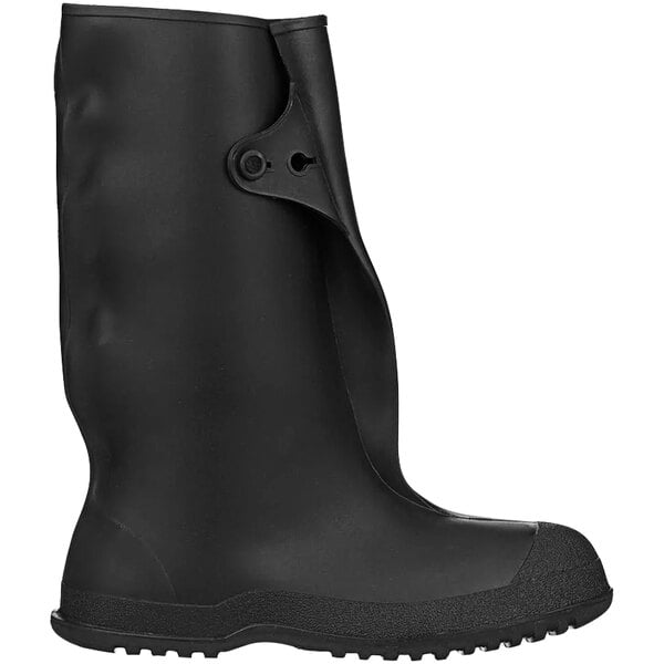 A Tingley black rubber work boot overshoe with a button on the side.