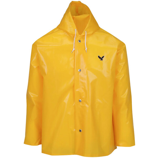 A yellow Tingley Iron Eagle rain jacket with white strings and logo.