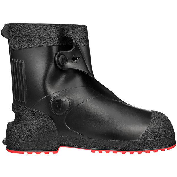 A black Tingley Workbrutes overshoe with red soles.