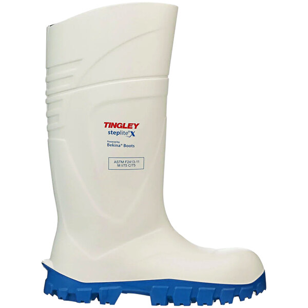 A white Tingley steel toe boot with blue soles and a white label.