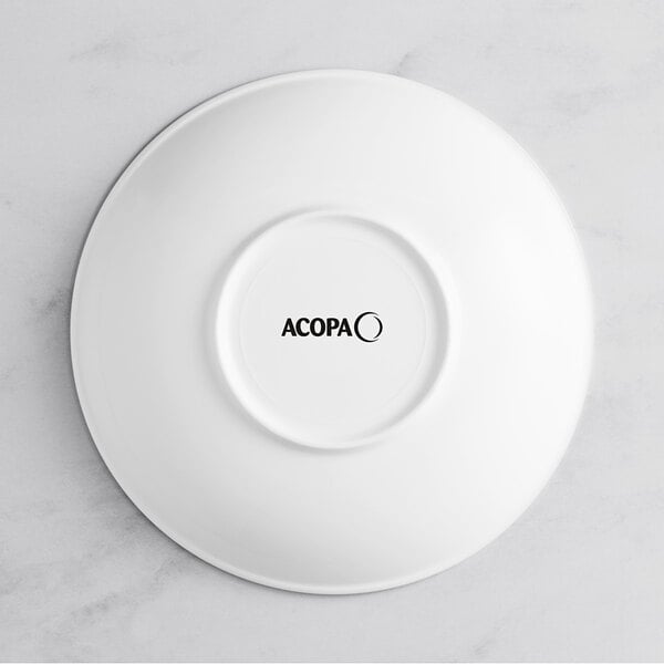 A white Acopa Cordelia coupe bowl with black embossed text on a white background.