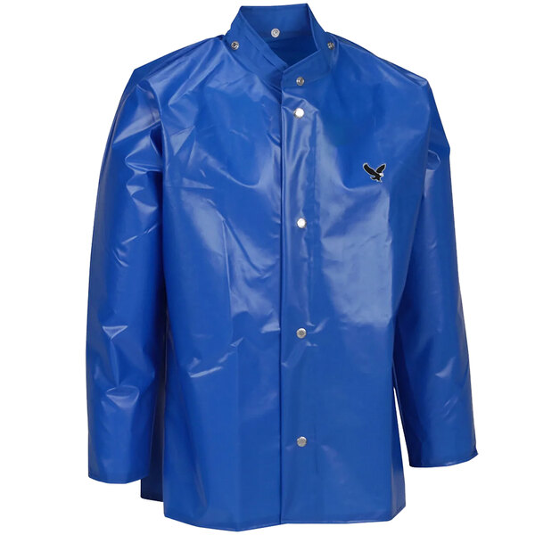 A blue rain jacket with a black bird on it.