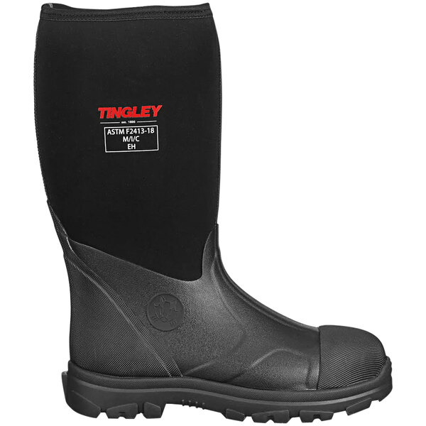 A black Tingley Badger steel toe boot with a red logo.
