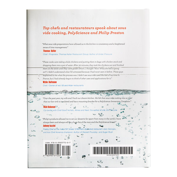 The back cover of the book "Immersed: The Definitive Guide to Sous Vide Cooking" with text and water.