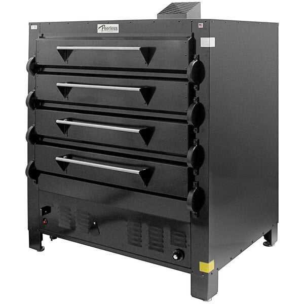 A black rectangular Peerless Mexican deck oven with drawers.