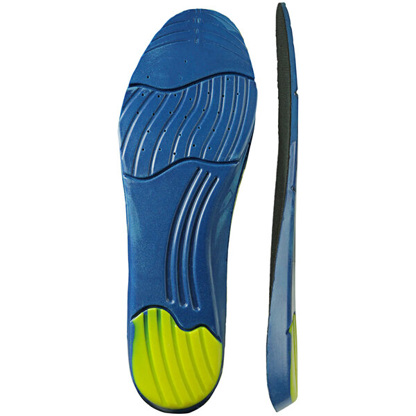 A blue and yellow Tingley knee boot insole with black lines.