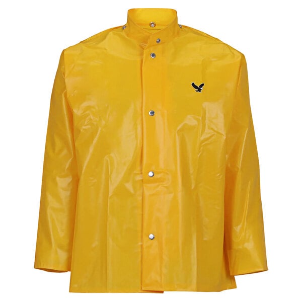 A yellow Tingley Iron Eagle rain jacket with black eagle logo.