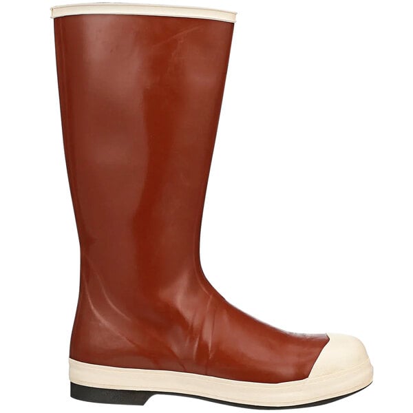 A pair of brick red Tingley Pylon Neoprene steel toe boots with white soles.