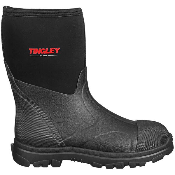 A black Tingley Badger mid-calf boot with a logo on it.