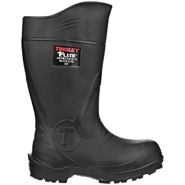 A black Tingley safety boot with white text on the side.