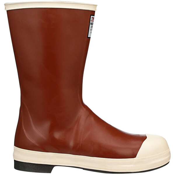 A close up of a brick red Tingley Pylon Neoprene steel toe boot with white soles.