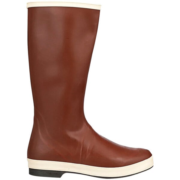 A brick red Tingley neoprene boot with a white sole.