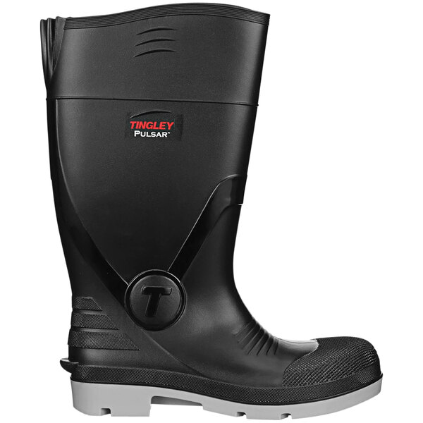 A black Tingley Pulsar knee boot with a white sole and a red logo.