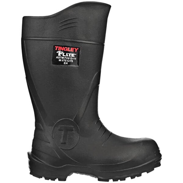 A black Tingley rubber safety boot with white text that reads "safety" on the toe.