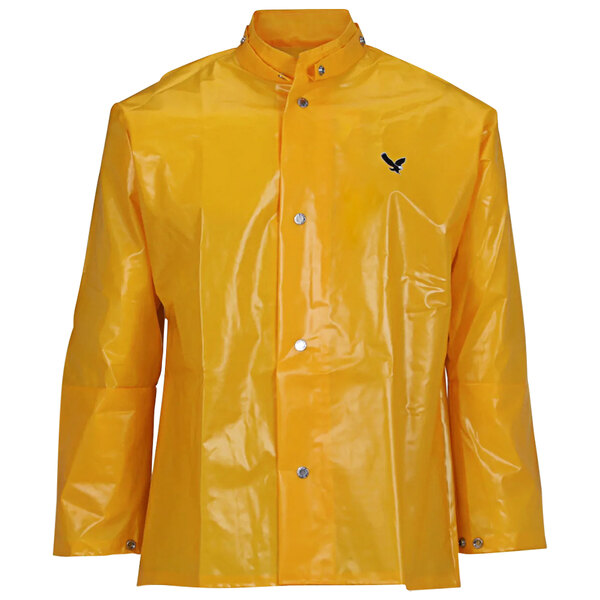 A yellow Tingley Iron Eagle jacket with black logo on the cuff.