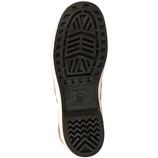 The black non-slip sole of a Tingley brick red boot.