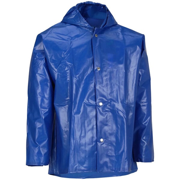 A blue Tingley Iron Eagle rainsuit jacket with a hood.