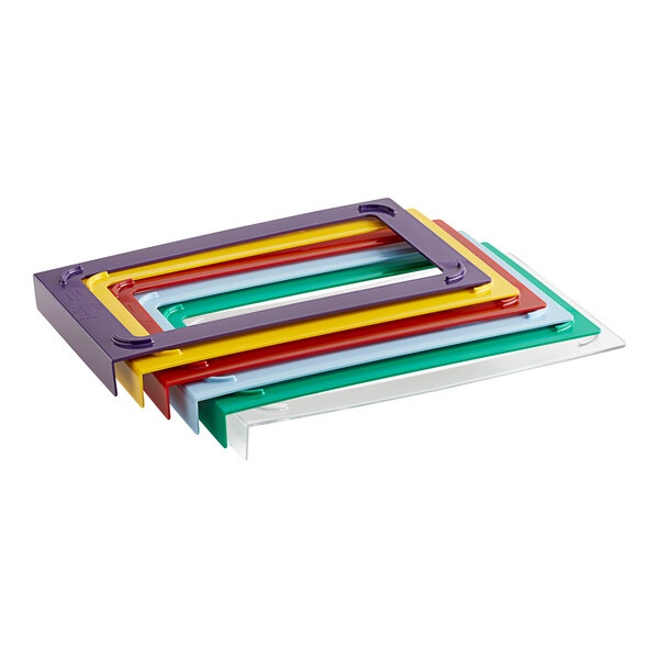 Green plastic Pan Stackers for full size stainless steel hotel pans.