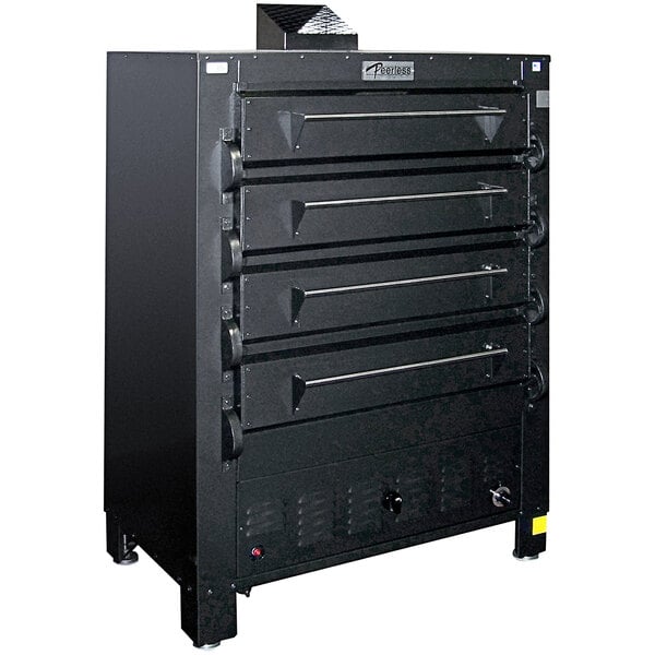 A black Peerless liquid propane quadruple deck bake oven.